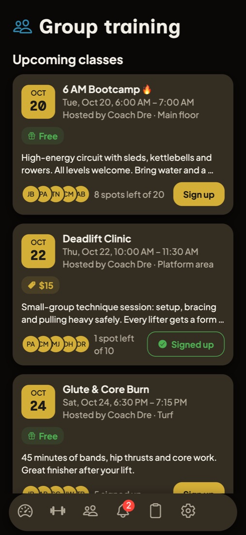 Upcoming group training classes