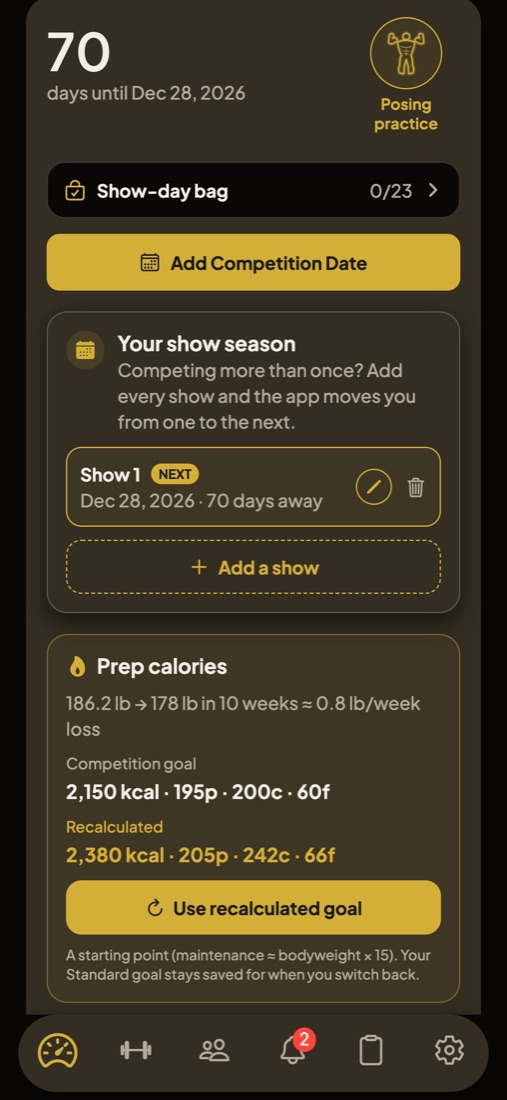 Competition Mode countdown and prep calories